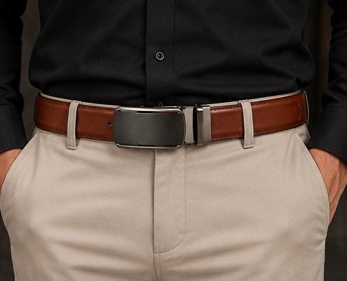 Man wearing Monarzo Regent brown pure cow leather auto-lock belt