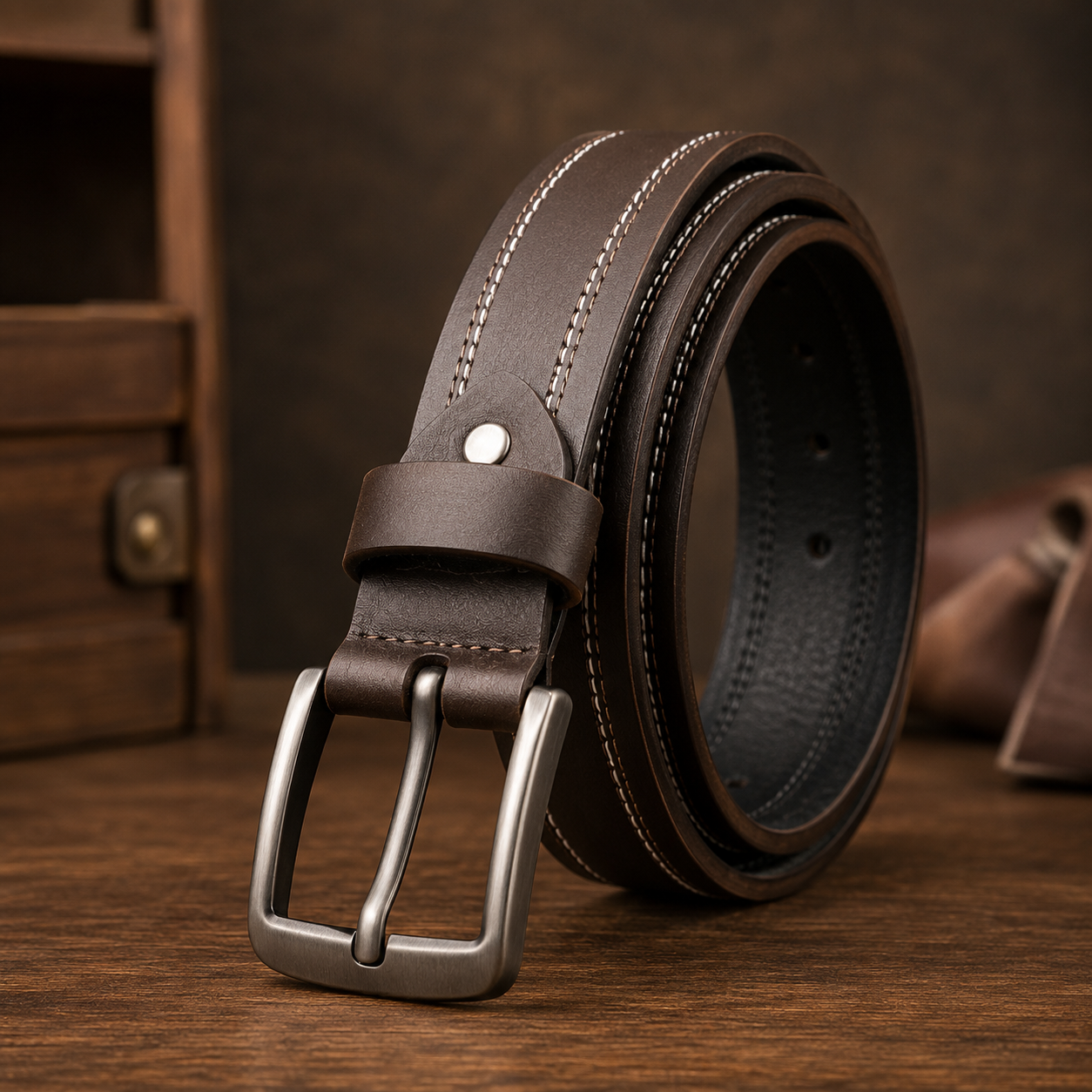Monarzo Falcon – Genuine Leather Dark Brown Double Stitch Belt for Men