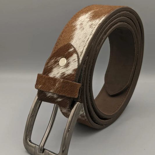 Monarzo brown and white hair-on cowhide leather belt for men with gunmetal buckle
