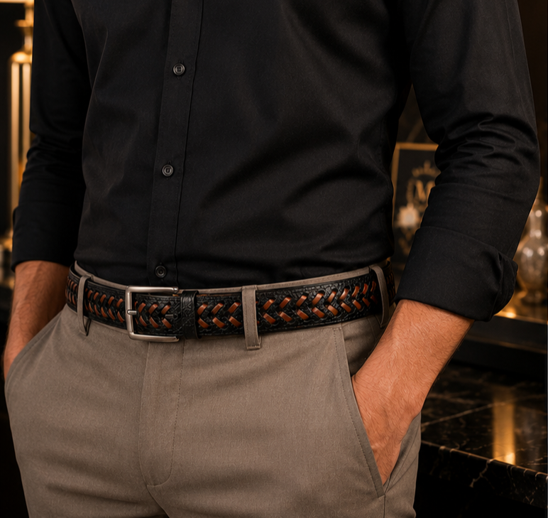 Black and brown woven leather belt for casual and smart casual wear