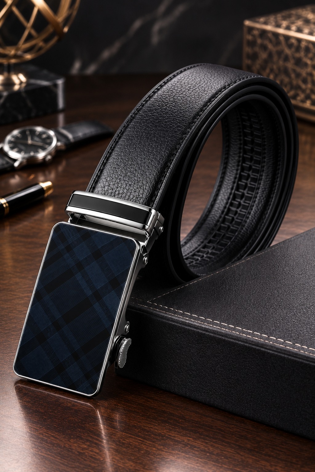 Black genuine leather automatic belt with luxury buckle