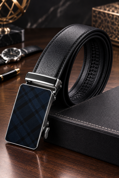 Black genuine leather automatic belt with luxury buckle