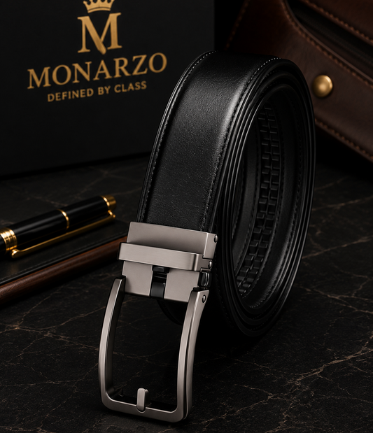 Black pure cow leather auto lock belt for office and formal wear