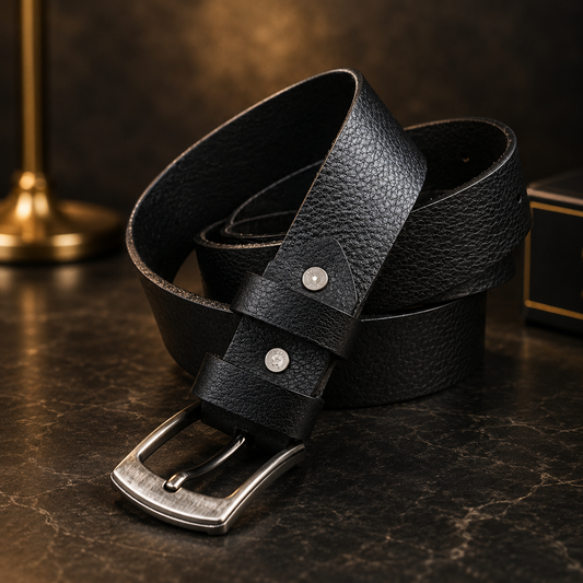 Black textured genuine leather casual belt with premium metal buckle