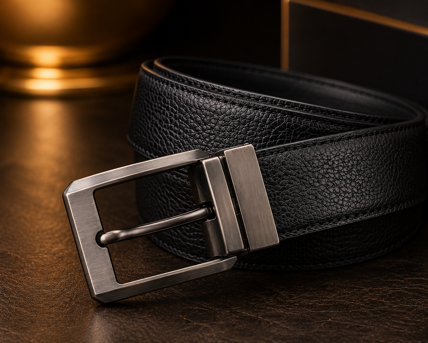 Black textured reversible genuine leather belt with rotating gunmetal buckle