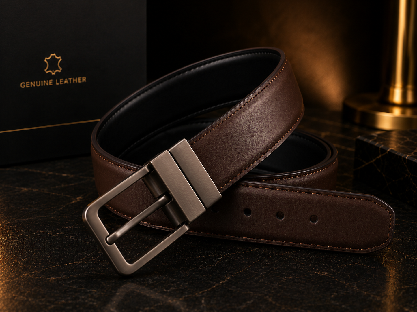 Close-up of Monarzo Infinity reversible leather belt and rotating buckle