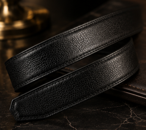 Close-up of Monarzo Obsidian automatic buckle and genuine leather strap