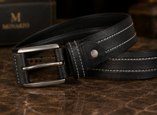 Close-up of Monarzo Onyx Stitch buckle and reinforced leather keeper