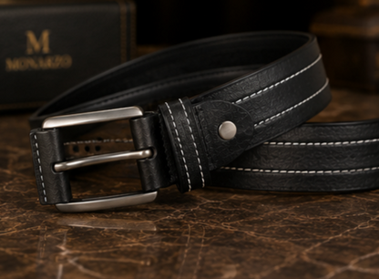 Close-up of Monarzo Onyx Stitch buckle and reinforced leather keeper