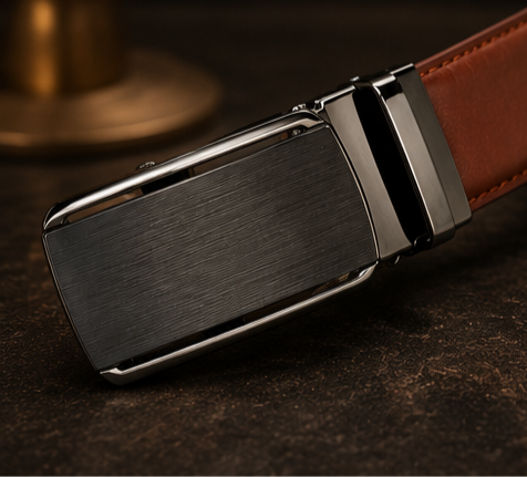 Close-up of Monarzo Regent brushed-black auto-lock belt buckle