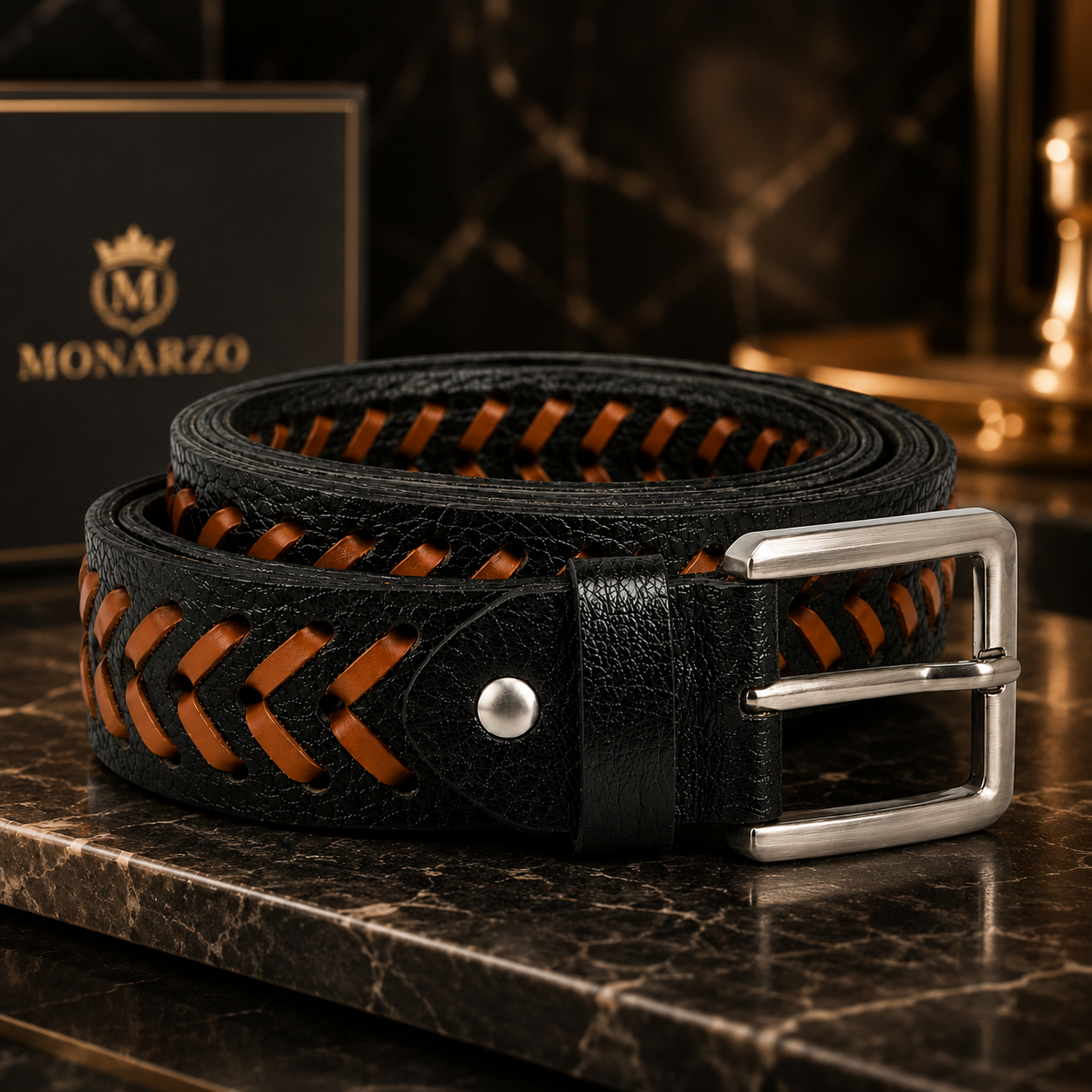 Close-up of Monarzo Vertex braided leather texture and metal buckle