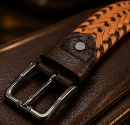 Close-up of Monarzo braided leather belt with gunmetal pin buckle