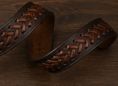 Close-up of Monarzo two-tone braided-detail leather belt