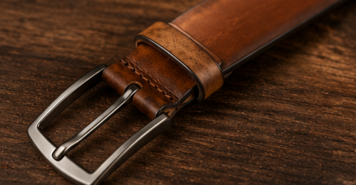 Close-up of Monarzo vintage brown leather belt and gunmetal pin buckle