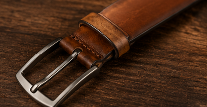 Close-up of Monarzo vintage brown leather belt and gunmetal pin buckle