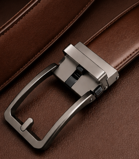 Close-up of gunmetal auto-lock buckle on brown leather belt