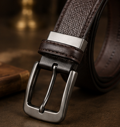 Close-up of high-chrome reversible belt buckle