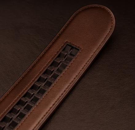 Close-up of the ratchet track on Monarzo brown auto-lock leather belt