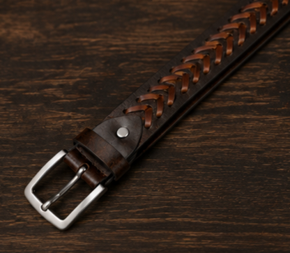 Dark-brown leather belt with tan braided detail and silver pin buckle
