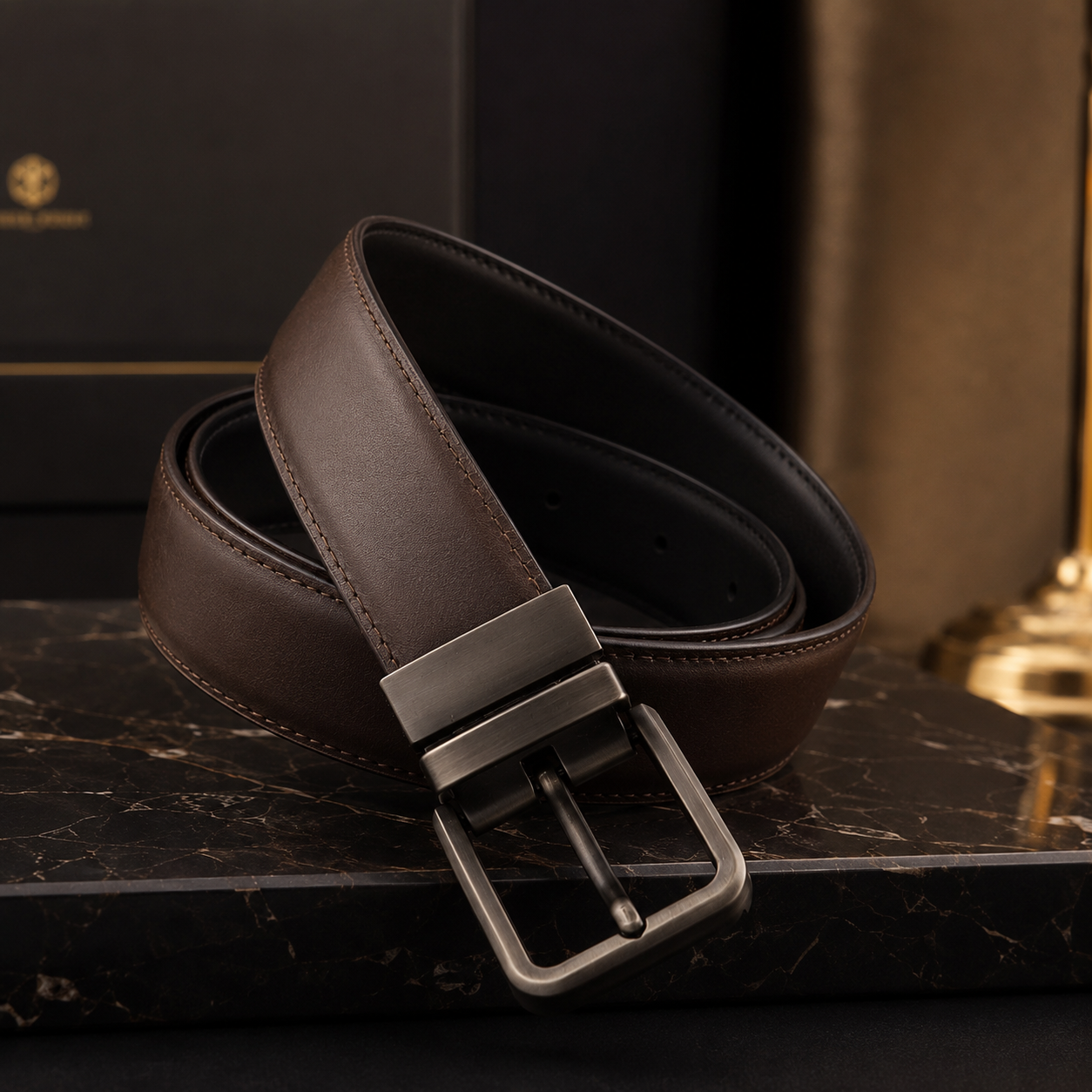 Dark brown and black reversible genuine leather belt with rotating buckle