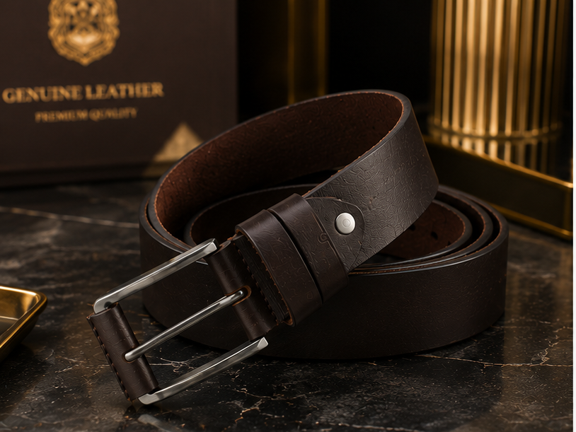 Dark brown genuine leather classic belt with premium pin buckle