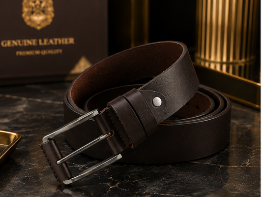 Dark brown genuine leather classic belt with premium pin buckle