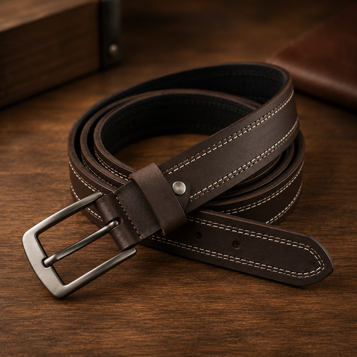 Dark brown genuine leather double stitch belt with premium metal buckle