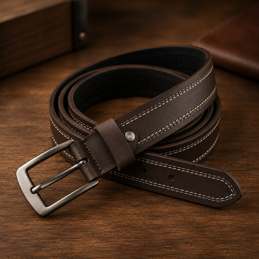 Dark brown genuine leather double stitch belt with premium metal buckle