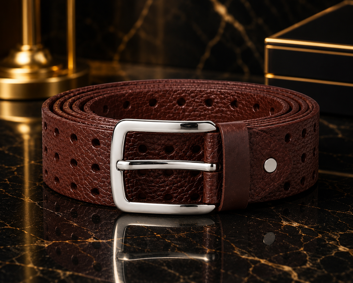 Dark brown perforated genuine leather belt with premium pin buckle