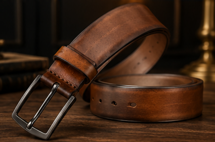 Distressed brown pure leather belt showing adjustment holes and buckle