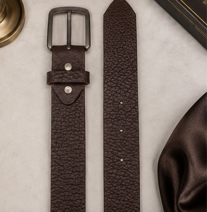 Monarzo Genuine Leather Men's Textured Dark Brown Belt – Premium Casual & Formal Belt with Matte Pin Buckle