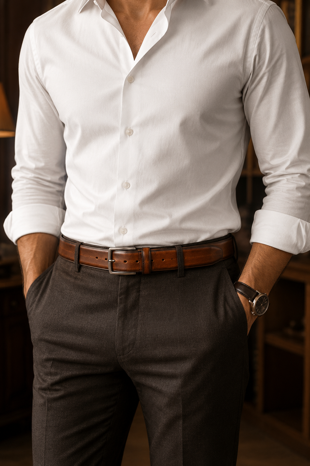 Man wearing Monarzo Heritage vintage brown pure cow leather belt