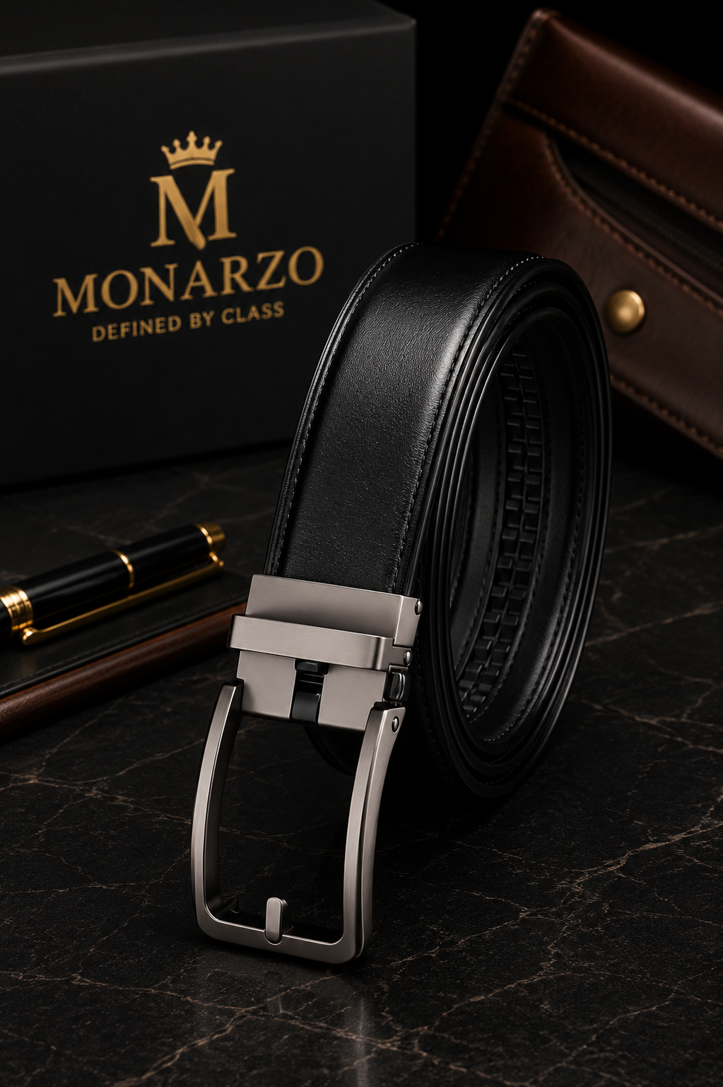 Men’s black auto-lock formal belt by Monarzo
