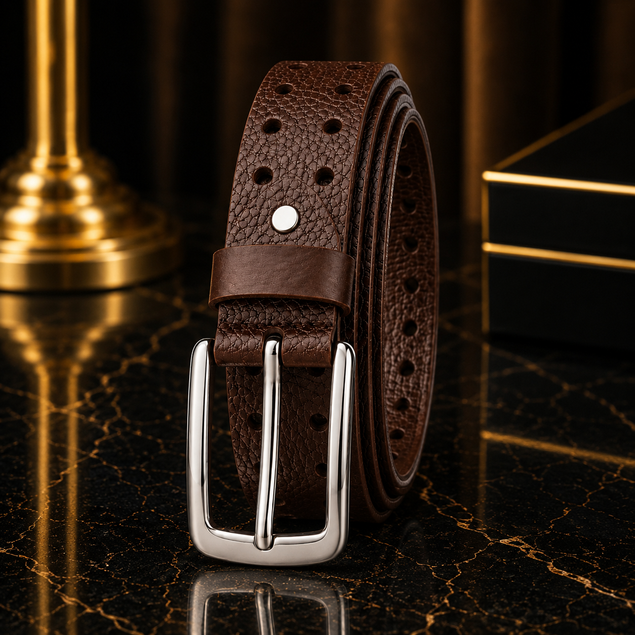 Monarzo Aero dark brown perforated genuine leather belt for men