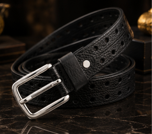 Monarzo Aero textured black leather belt with multiple adjustment holes
