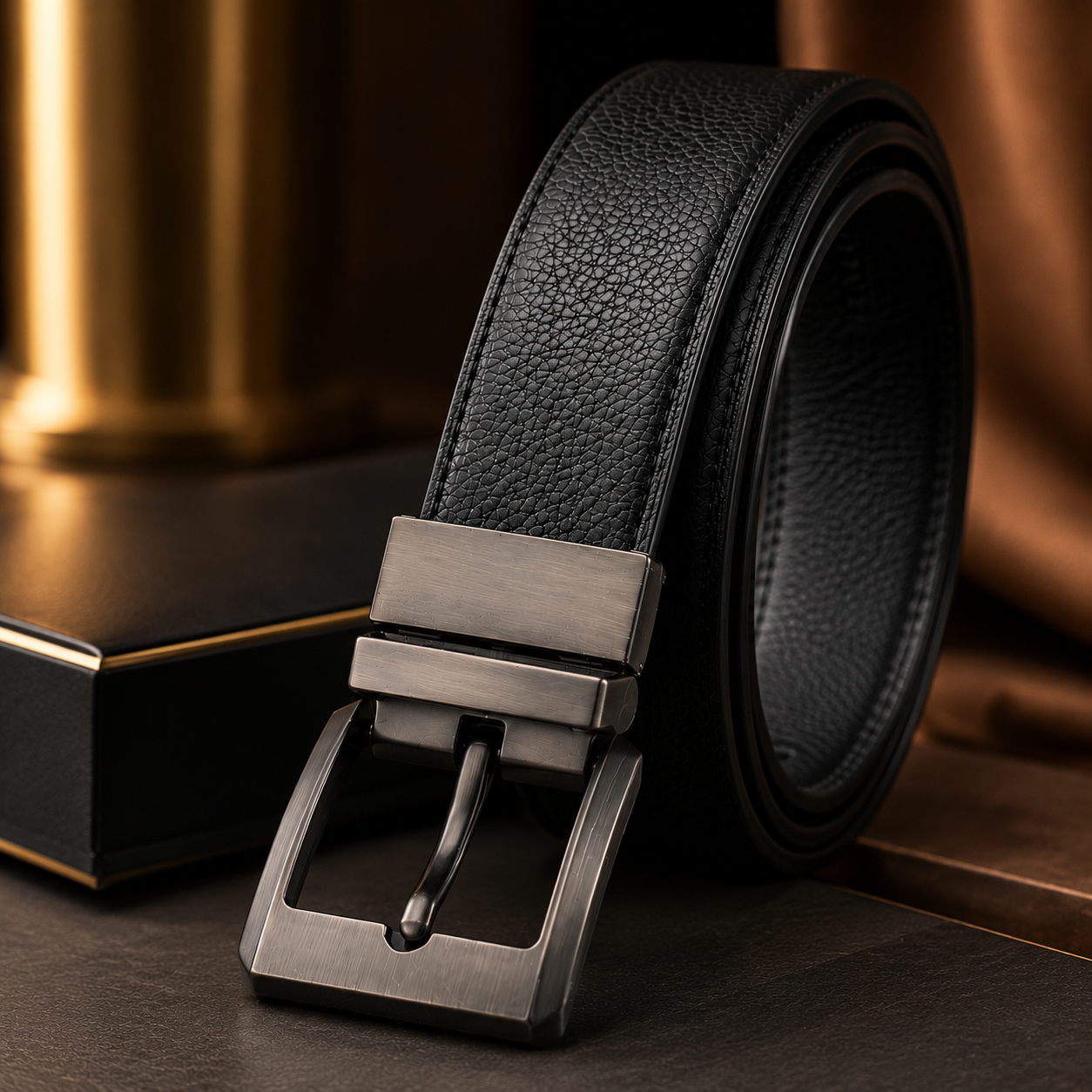 Monarzo Dominion 2 in 1 reversible black textured genuine leather belt for men