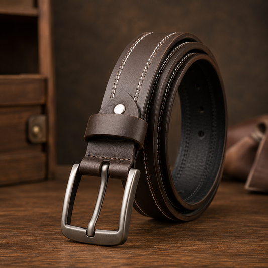 Monarzo Falcon genuine leather dark brown double stitch belt for men