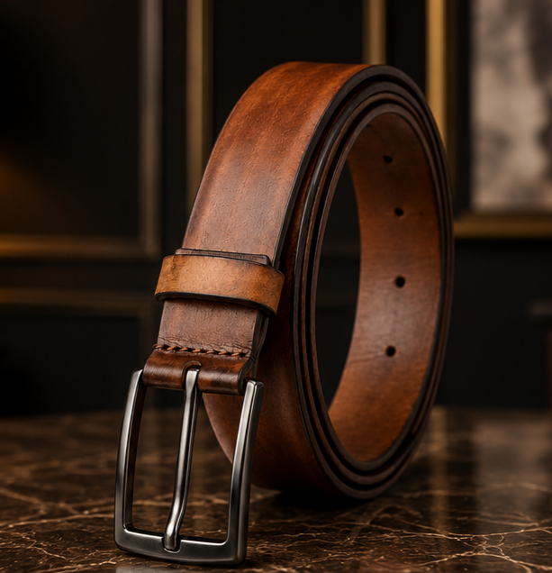 Monarzo Heritage vintage brown leather belt displayed on luxury background