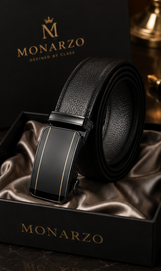Monarzo Obsidian black genuine leather auto lock belt for men