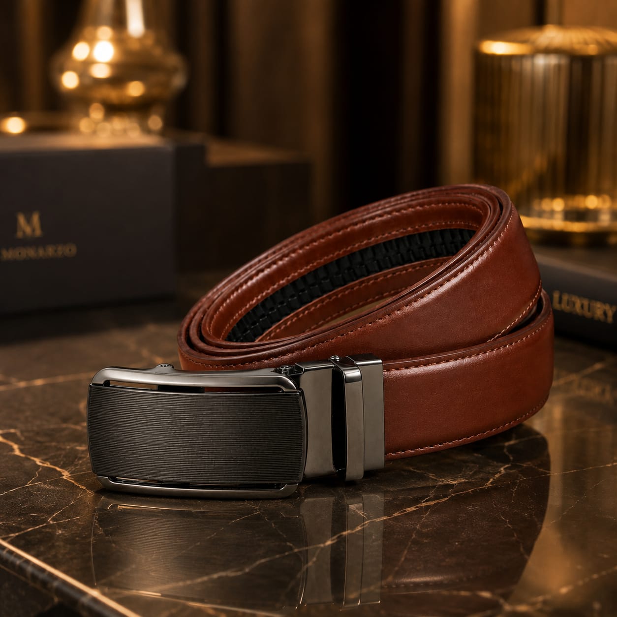 Monarzo Regent brown pure cow leather belt in premium packaging