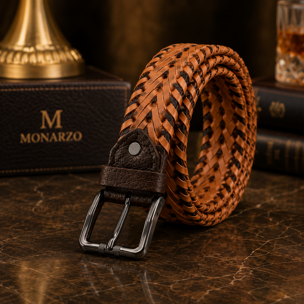 Monarzo Tuscany Weave premium braided leather belt in luxury setting