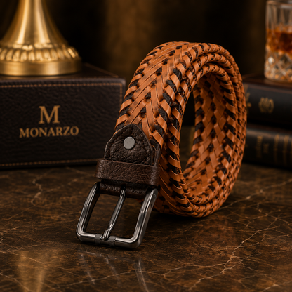 Monarzo Tuscany Weave premium braided leather belt in luxury setting