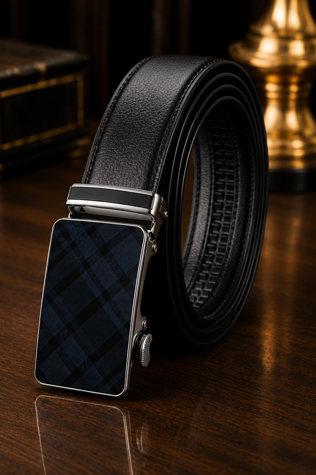 Monarzo Vanguard black genuine leather auto lock belt front view