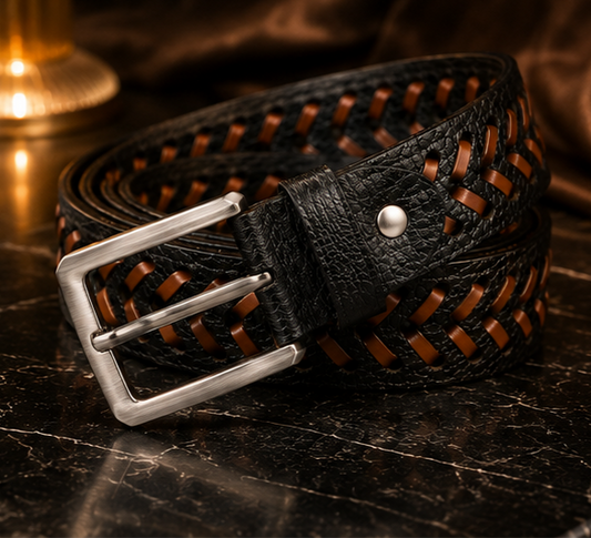 Monarzo Vertex black and brown braided genuine leather belt for men