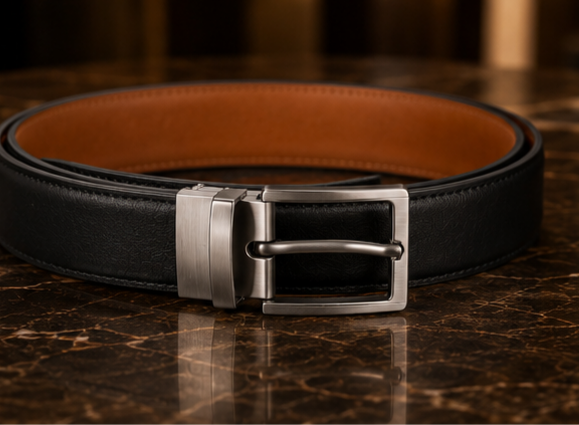 Monarzo black and tan reversible leather belt with rotating silver buckle