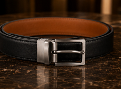 Monarzo black and tan reversible leather belt with rotating silver buckle
