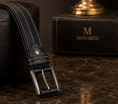Monarzo black leather belt with white stitching and gunmetal pin buckle