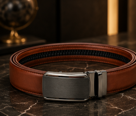 Monarzo brown automatic leather belt with brushed-black ratchet buckle