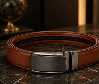 Monarzo brown automatic leather belt with brushed-black ratchet buckle
