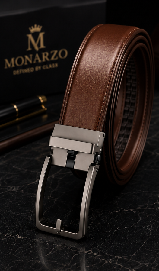 Monarzo brown pure cow leather automatic belt in premium packaging